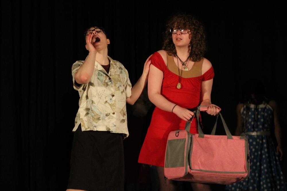 Sabrina Bell and Addison Freeman on the sound stage for the play's game show. Photos by Brandy Muz