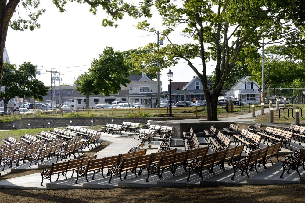 Not completed, but much of the work of installing new seating at the bandshell and related enhancements has been accomplished. Photo by Patrick Lester