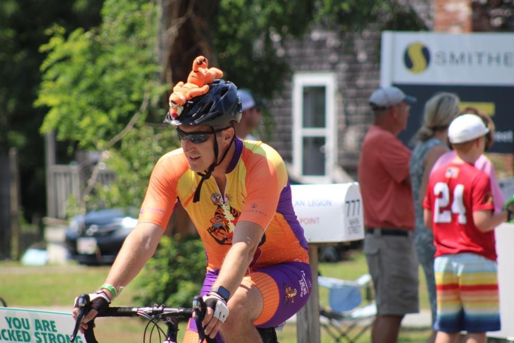 A Pan-Mass Challenge biker rides through Wareham during the 2025 fundraiser. Photo by Brandy Muz