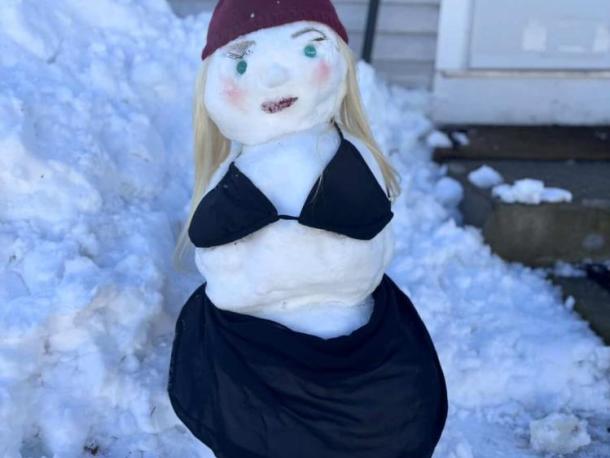 Ice Ice Babe! As the weather warmed snowmen and women popped up around town. Photo source: Kacey Solimine