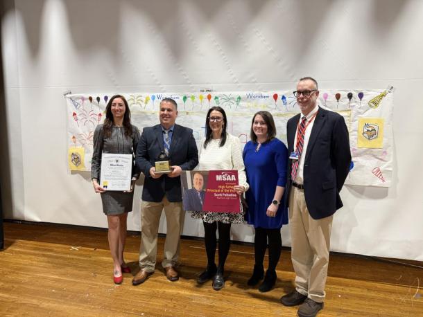Senator Kelly Dooner, Scott Palladino, Assistant Principals Andrea Cannon and Kim Cavicchi and Superintendent Matt D’Andrea. Photo source: Joyce Bacchiocchi